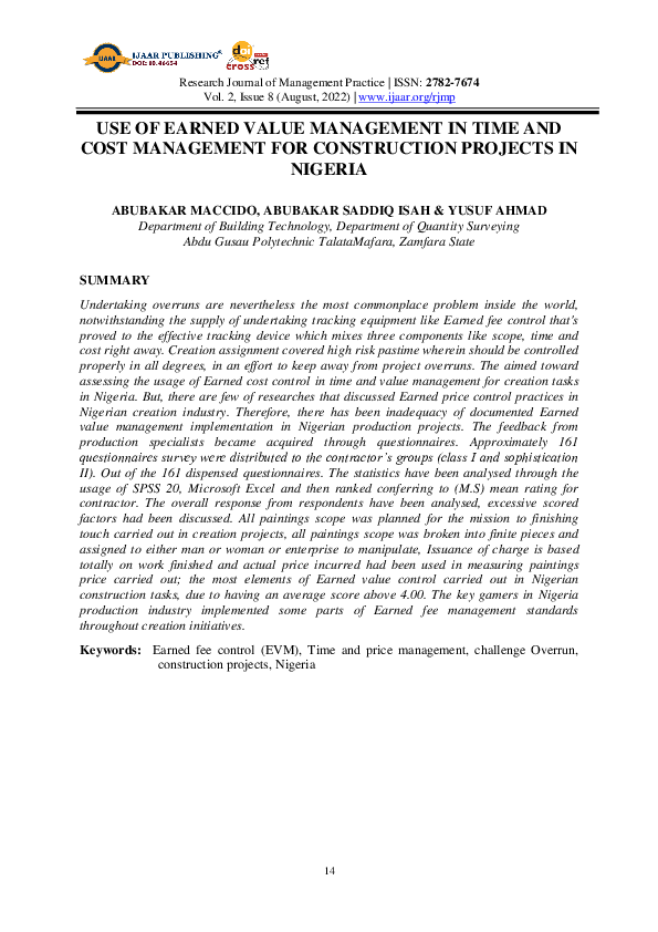 (PDF) USE OF EARNED VALUE MANAGEMENT IN TIME AND COST MANAGEMENT FOR ...