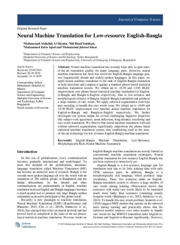 (PDF) Neural Machine Translation for Low-resource English-Bangla