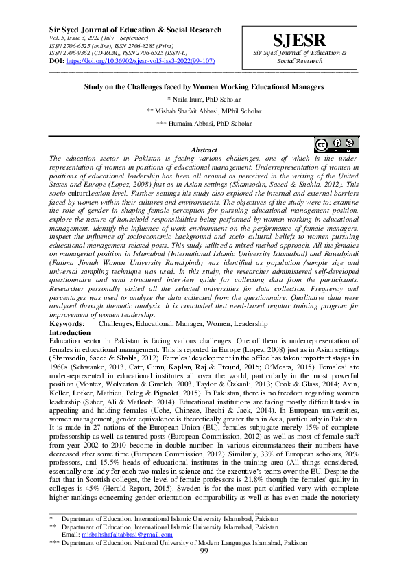 (PDF) Study on the Challenges faced by Women Working Educational Managers