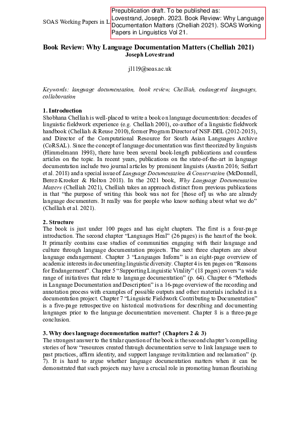 (PDF) Book Review: Why Language Documentation Matters (Chelliah 2021)