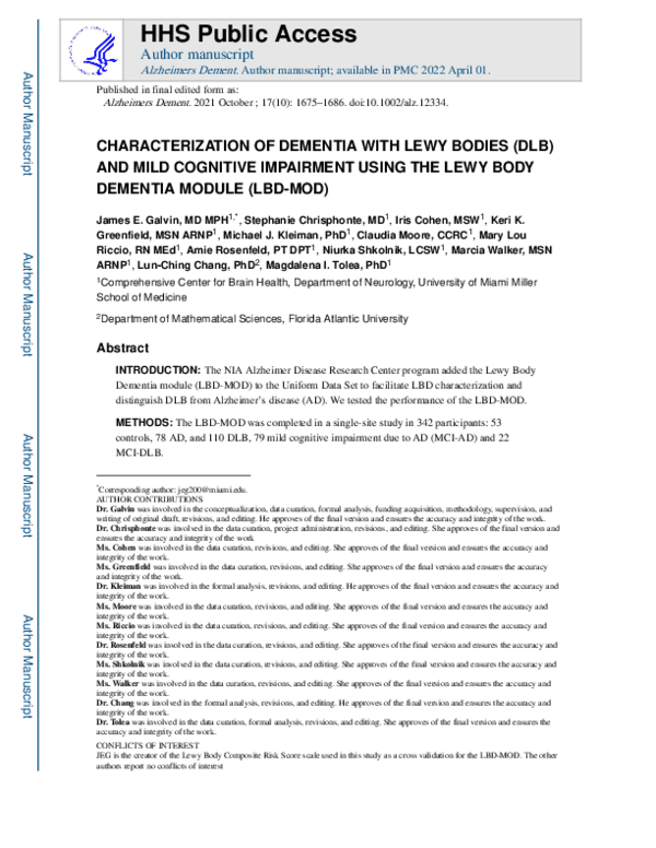 (PDF) Characterization of dementia with Lewy bodies (DLB) and mild ...