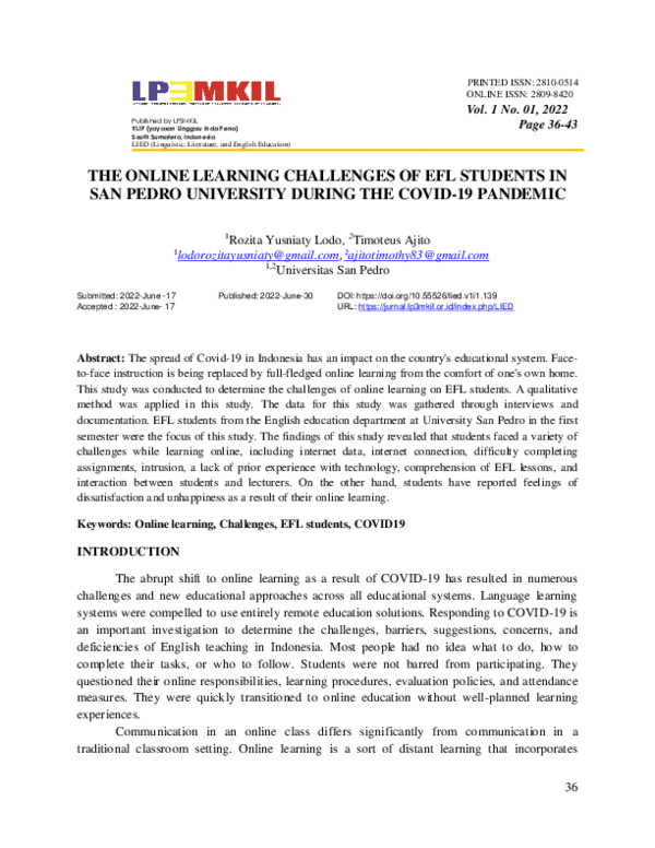 (PDF) The Online Learning Challenges of EFL Students In San Pedro ...