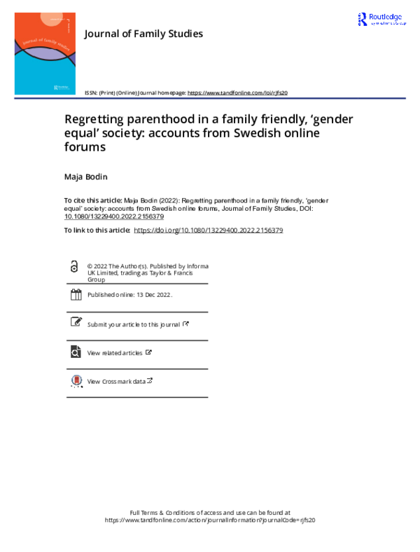 Regretting parenthood in a family friendly, 'gender equal' society: accounts from Swedish online forums