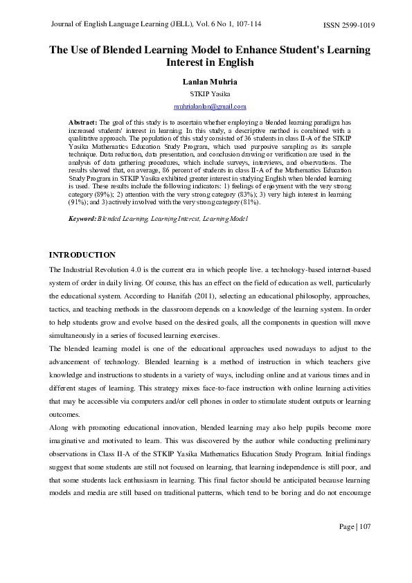 (PDF) THE USE Of BLENDED LEARNING MODEL TO ENHANCE STUDENT'S LEARNING ...