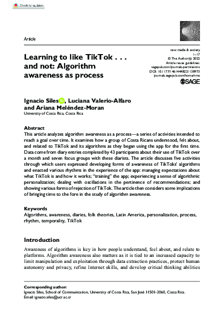 (PDF) Learning to like TikTok . . . and not: Algorithm awareness as process