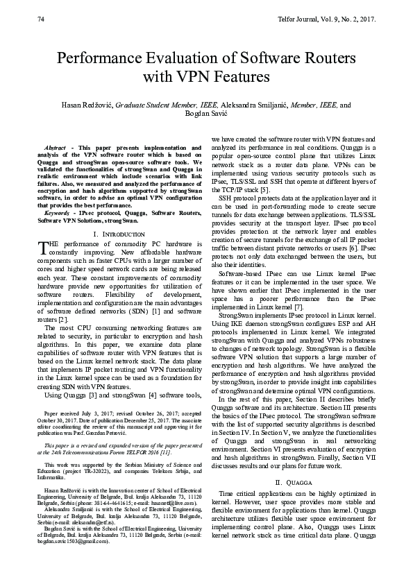 (PDF) Performance evaluation of Software Routers with VPN features