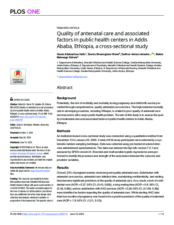 (PDF) Quality of antenatal care and associated factors in public health ...