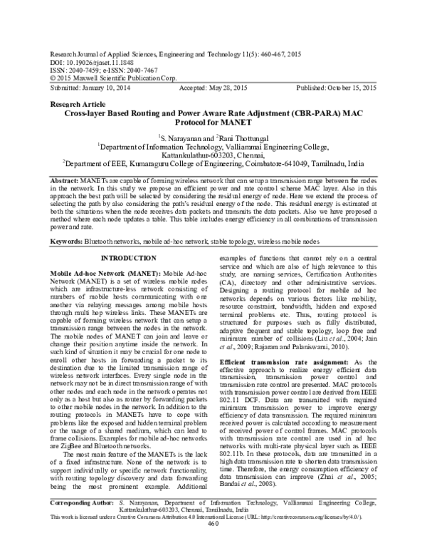 (PDF) Cross-layer Based Routing and Power Aware Rate Adjustment (CBR ...