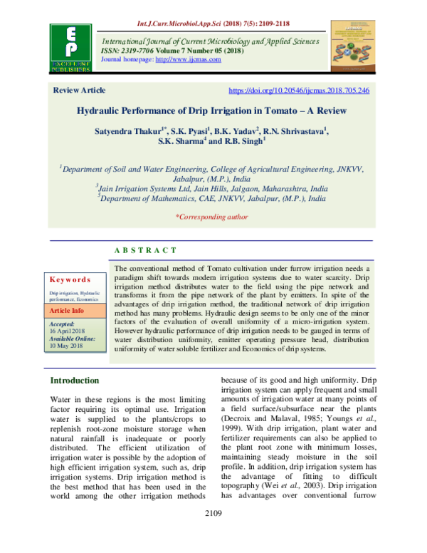 (PDF) Hydraulic Performance of Drip Irrigation in Tomato – A Review