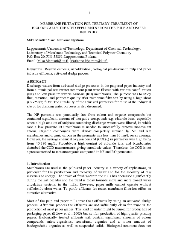 (PDF) Nanofiltration of biologically treated effluents from the pulp ...