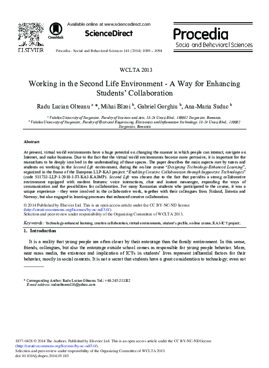 (PDF) Working in the Second Life Environment - A Way for Enhancing ...