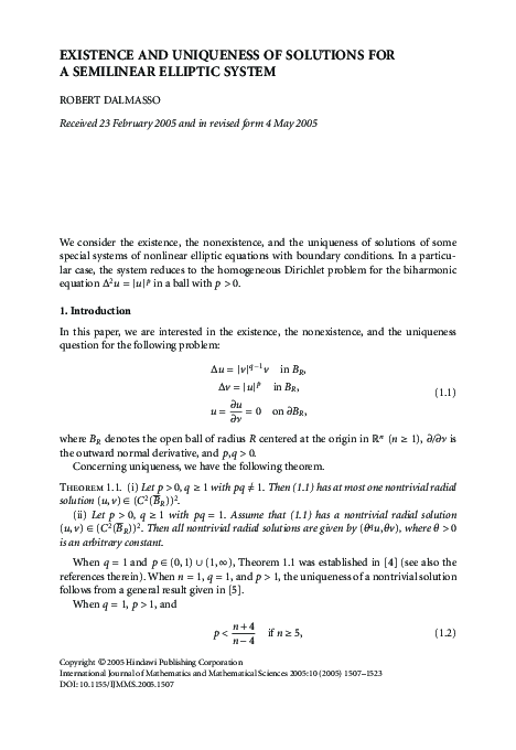 (PDF) Existence and uniqueness of solutions for a semilinear elliptic ...