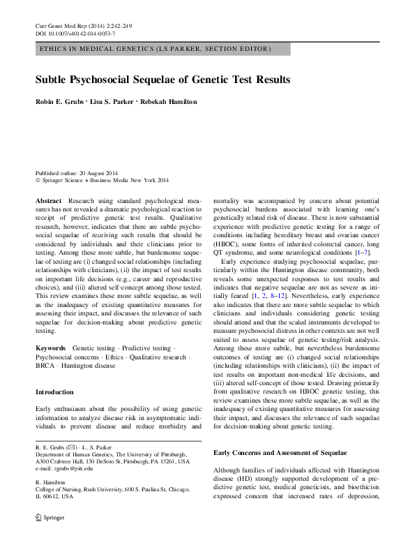 (PDF) Subtle Psychosocial Sequelae of Genetic Test Results