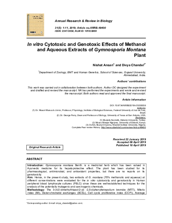 (PDF) In vitro Cytotoxic and Genotoxic Effects of Methanol and Aqueous ...