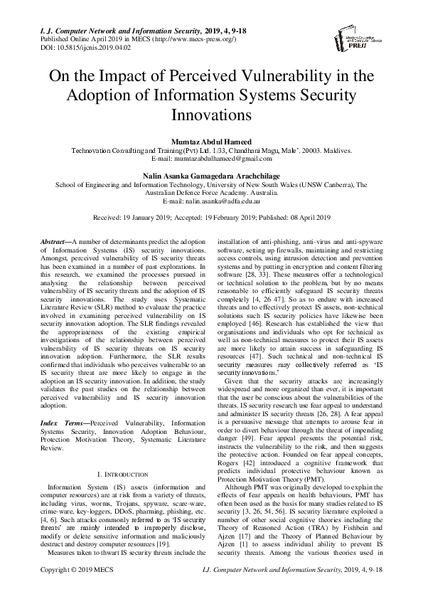 (PDF) On the Impact of Perceived Vulnerability in the Adoption of ...