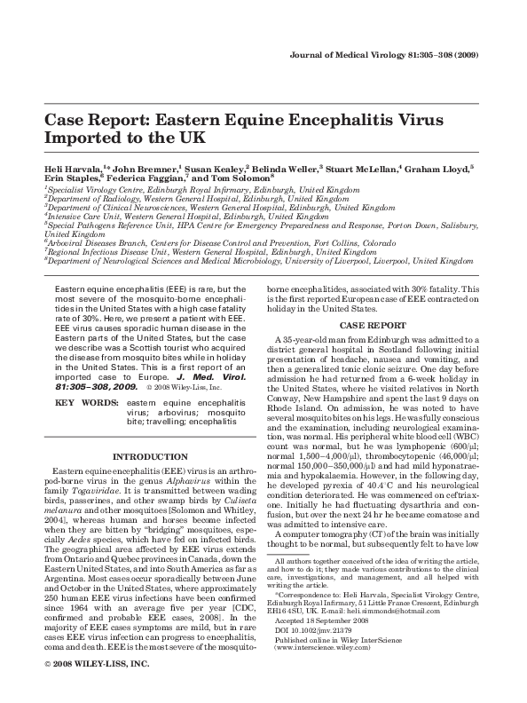 (PDF) Case report: Eastern equine encephalitis virus imported to the UK