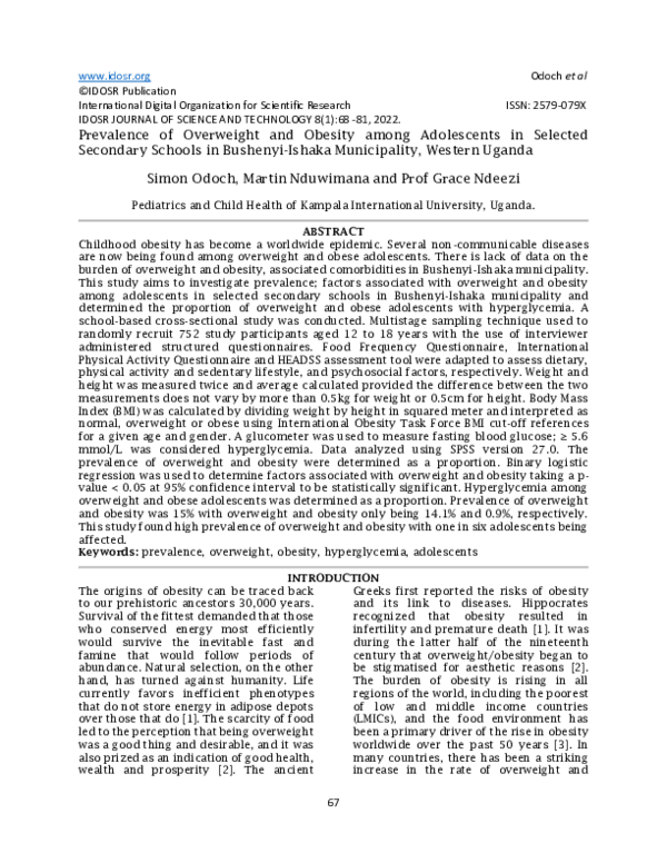 (PDF) Prevalence of Overweight and Obesity among Adolescents in ...