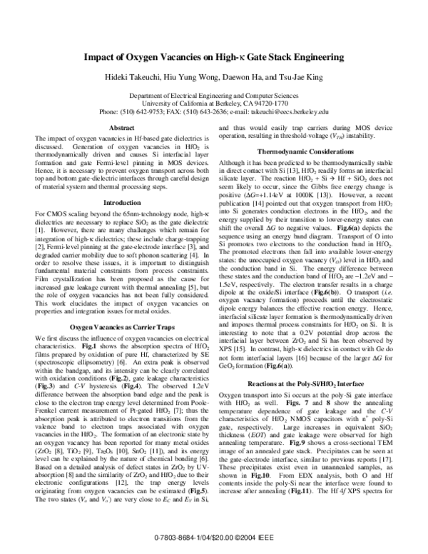 (PDF) Impact of oxygen vacancies on high-κ gate stack engineering
