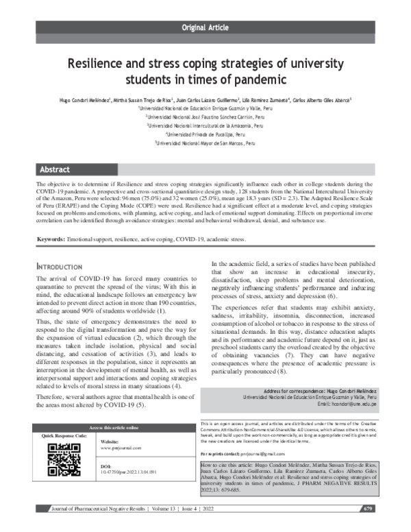 (PDF) Resilience and stress coping strategies of university students in ...