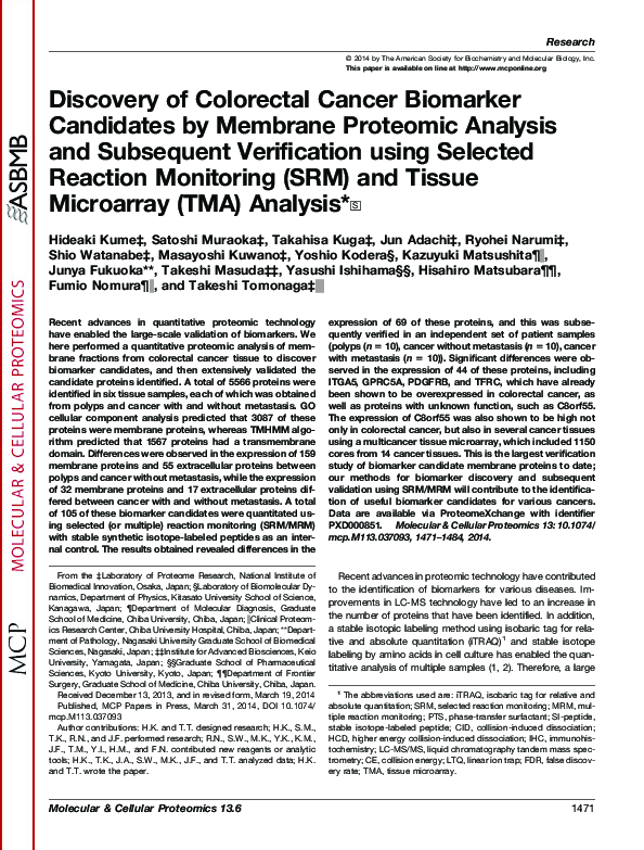 (PDF) Discovery of Colorectal Cancer Biomarker Candidates by Membrane ...