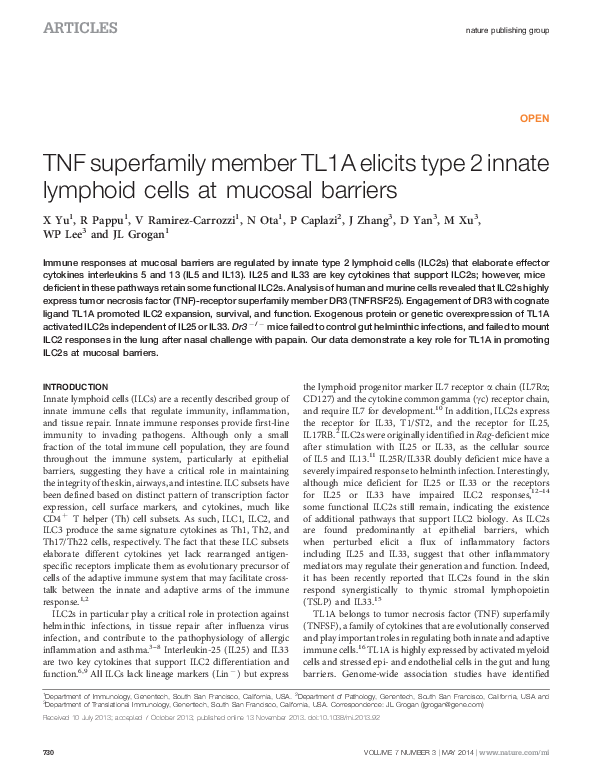 (PDF) TNF superfamily member TL1A elicits type 2 innate lymphoid cells ...