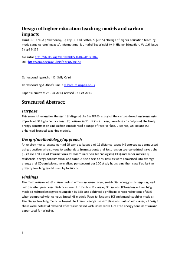 (PDF) Design of higher education teaching models and carbon impacts