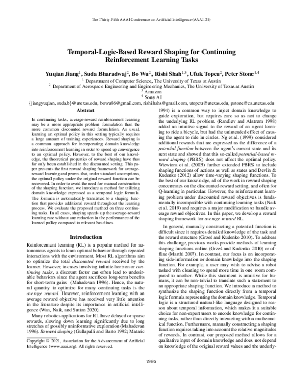 (PDF) Temporal-Logic-Based Reward Shaping for Continuing Reinforcement ...