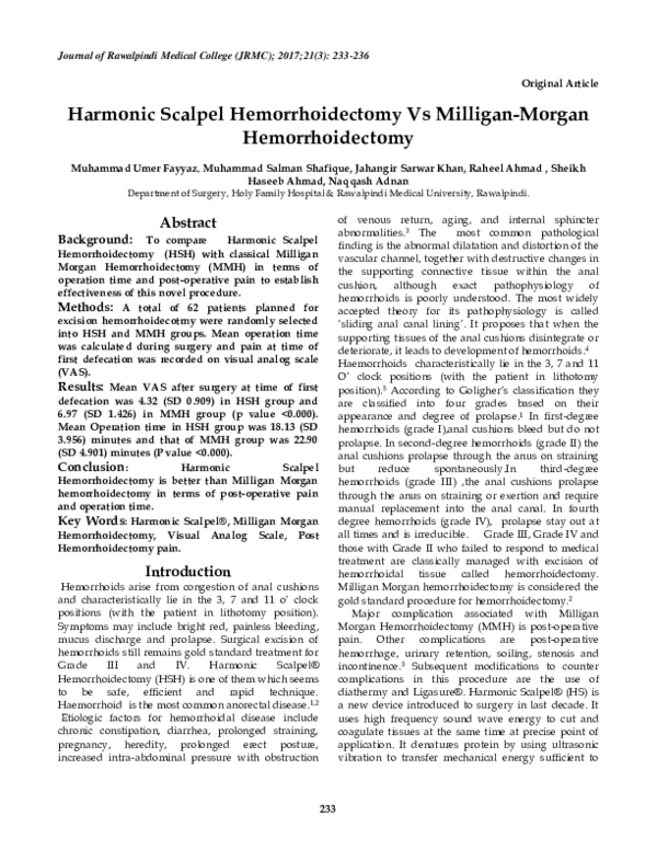 (PDF) Harmonic Scalpel Hemorrhoidectomy Vs