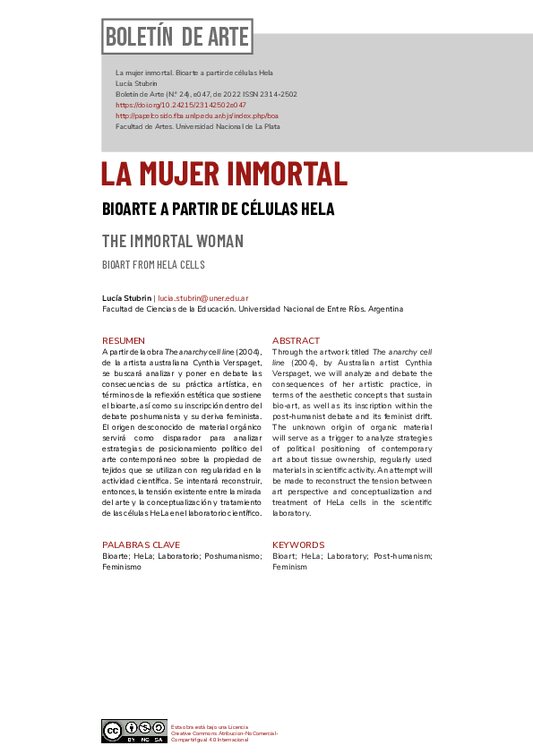 (PDF) LA MUJER INMORTAL. Bioarte a partir de células HeLa