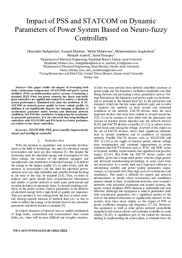 (PDF) Impact of PSS and STATCOM on dynamic parameters of power system ...