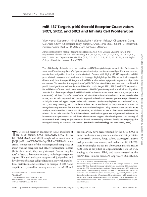 (PDF) miR-137 Targets p160 Steroid Receptor Coactivators SRC1, SRC2 ...