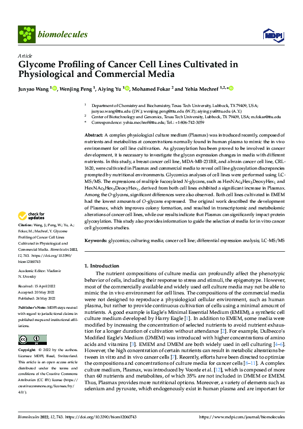 (PDF) Glycome Profiling of Cancer Cell Lines Cultivated in ...