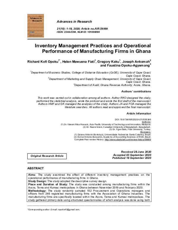 (PDF) Inventory Management Practices and Operational Performance of ...