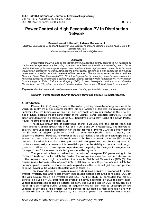 (PDF) Power Control of High Penetration PV in Distribution Network