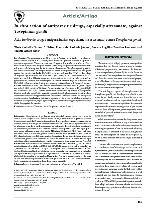 (PDF) In vitro action of antiparasitic drugs, especially artesunate ...