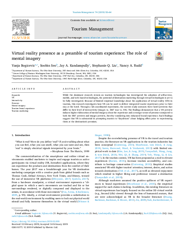 (PDF) Virtual reality presence as a preamble of tourism experience: The ...