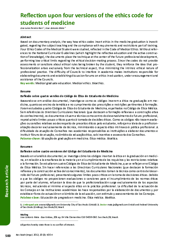 (PDF) Reflection upon four versions of the ethics code for students of ...