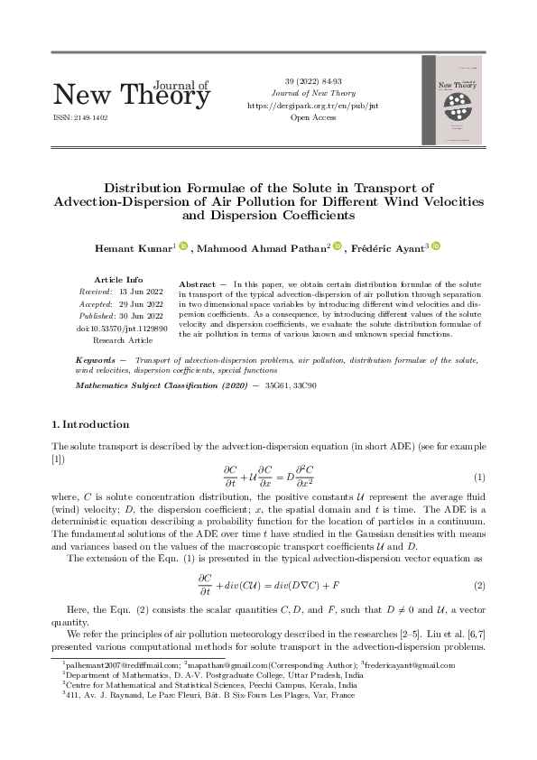 (PDF) Distribution Formulae of the Solute in Transport of Advection ...