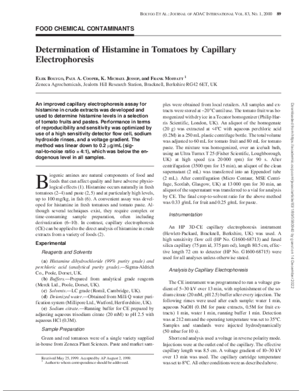 (PDF) Determination of Histamine in Tomatoes by Capillary Electrophoresis Frank Moffatt