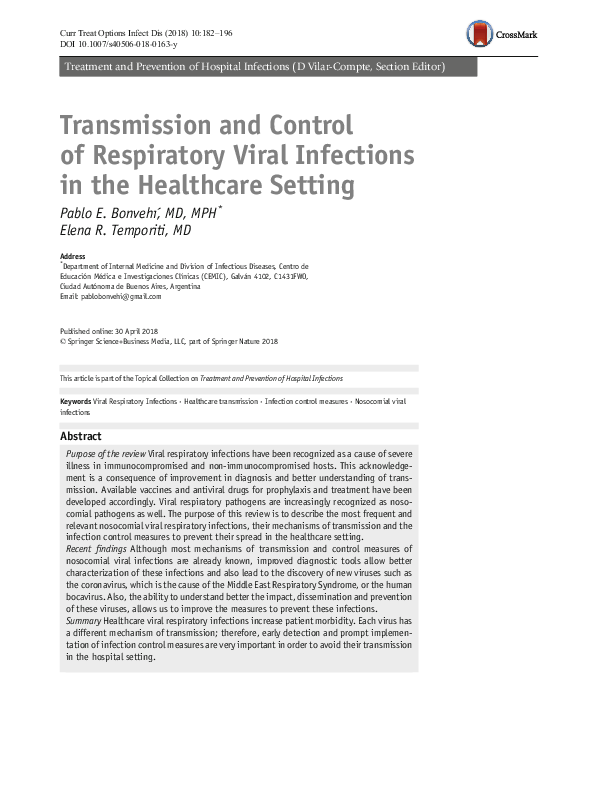 (PDF) Transmission and Control of Respiratory Viral Infections in the ...