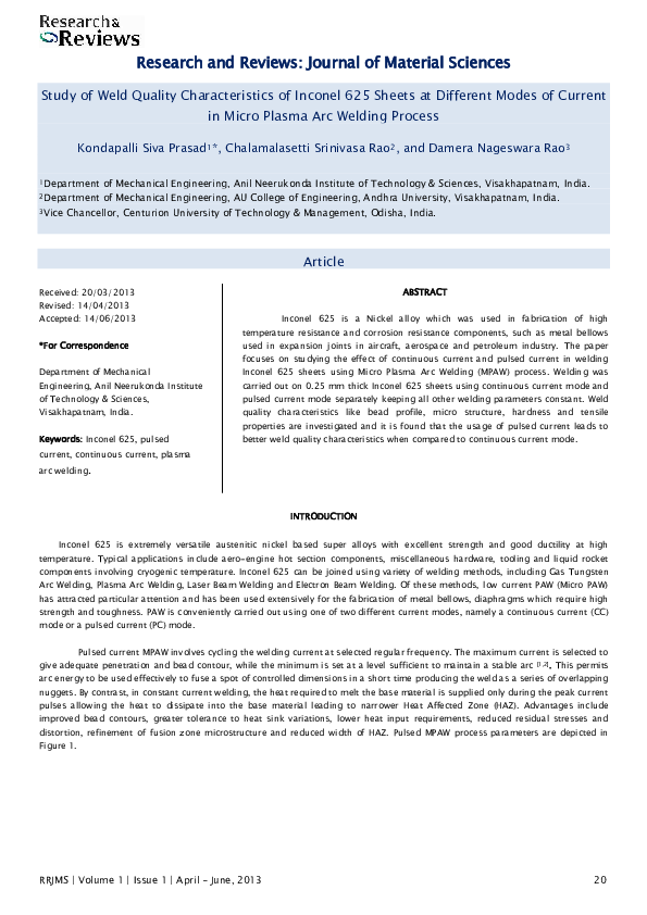 (PDF) Study of Weld Quality Characteristics of Inconel 625 Sheets at