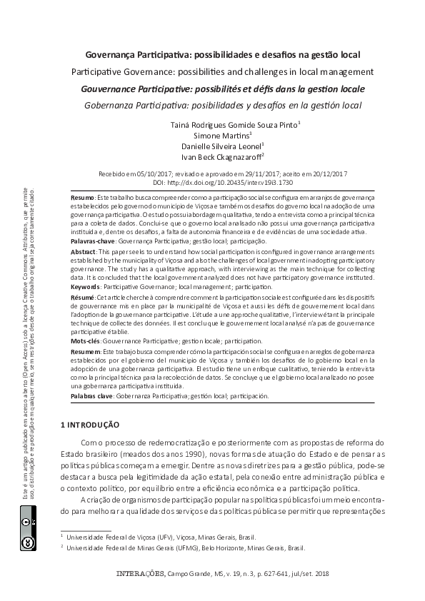 (PDF) Governança Participativa: possibilidades e desafios na gestão local