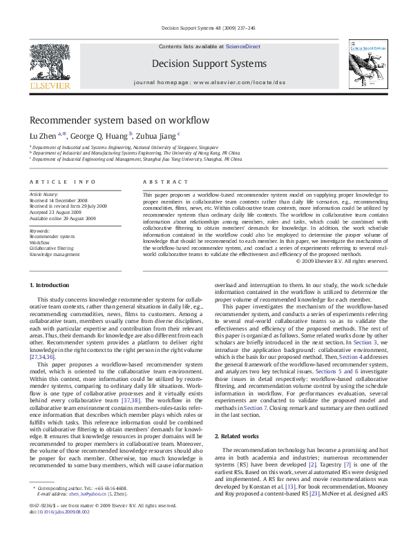 (PDF) Recommender system based on workflow