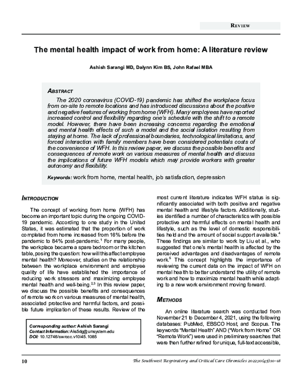 (PDF) The mental health impact of work from home: a literature review
