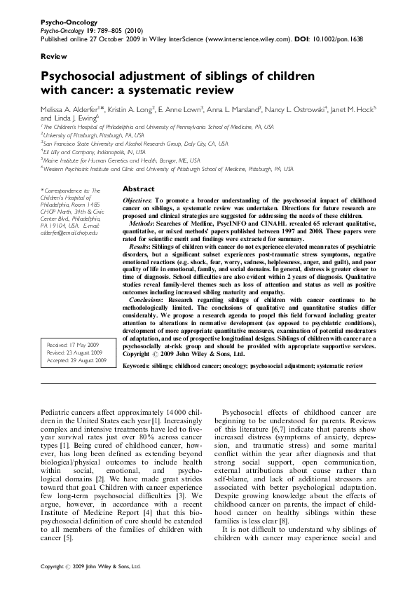(PDF) Psychosocial adjustment of siblings of children with cancer: a ...