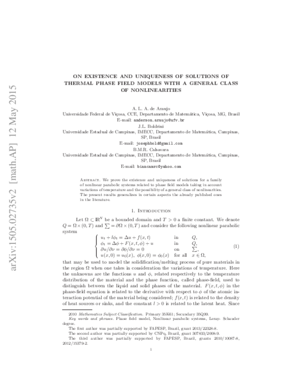 (PDF) On Existence and Uniqueness of Solutions of Thermal Phase Field ...