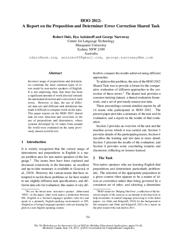 (PDF) HOO 2012: A report on the preposition and determiner error ...