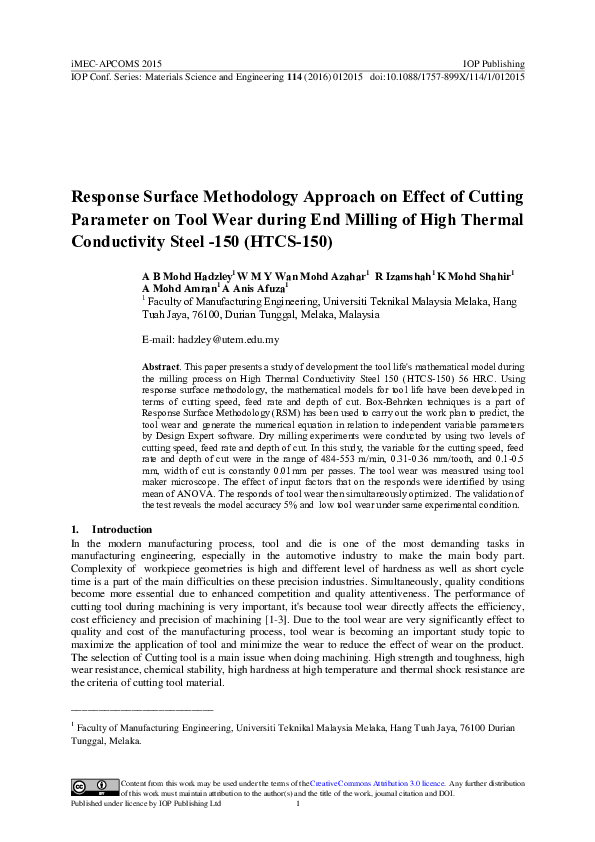 (PDF) Response Surface Methodology Approach on Effect of Cutting ...