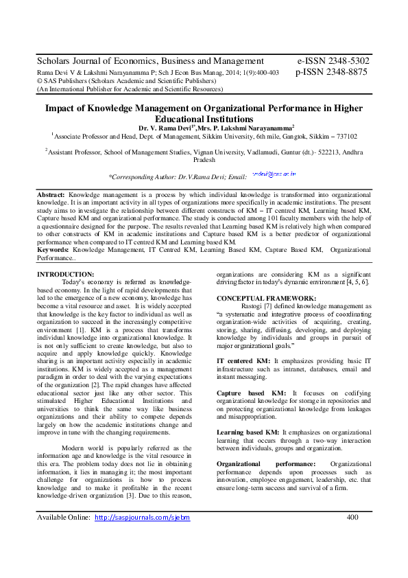 (PDF) Impact of Knowledge Management on Organizational Performance in ...