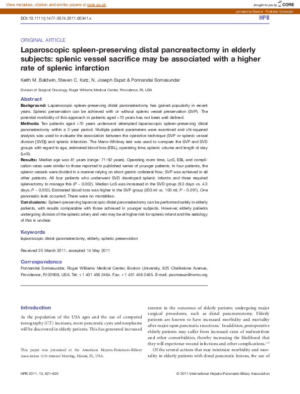 (PDF) Laparoscopic spleen-preserving distal pancreatectomy in elderly ...